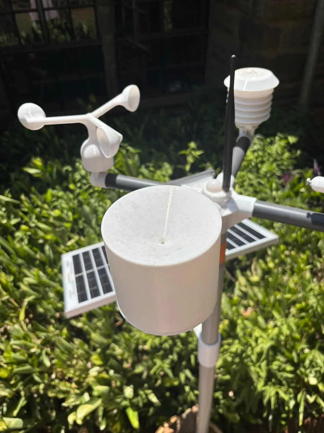 White rain gauge funnel on a weather station with wind cups, radiation shield, antenna and small solar panel above leafy shrubs.